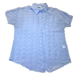 Collection by Cezele Light Blue Swiss Dot Pom Pom Button Up Blouse Medium